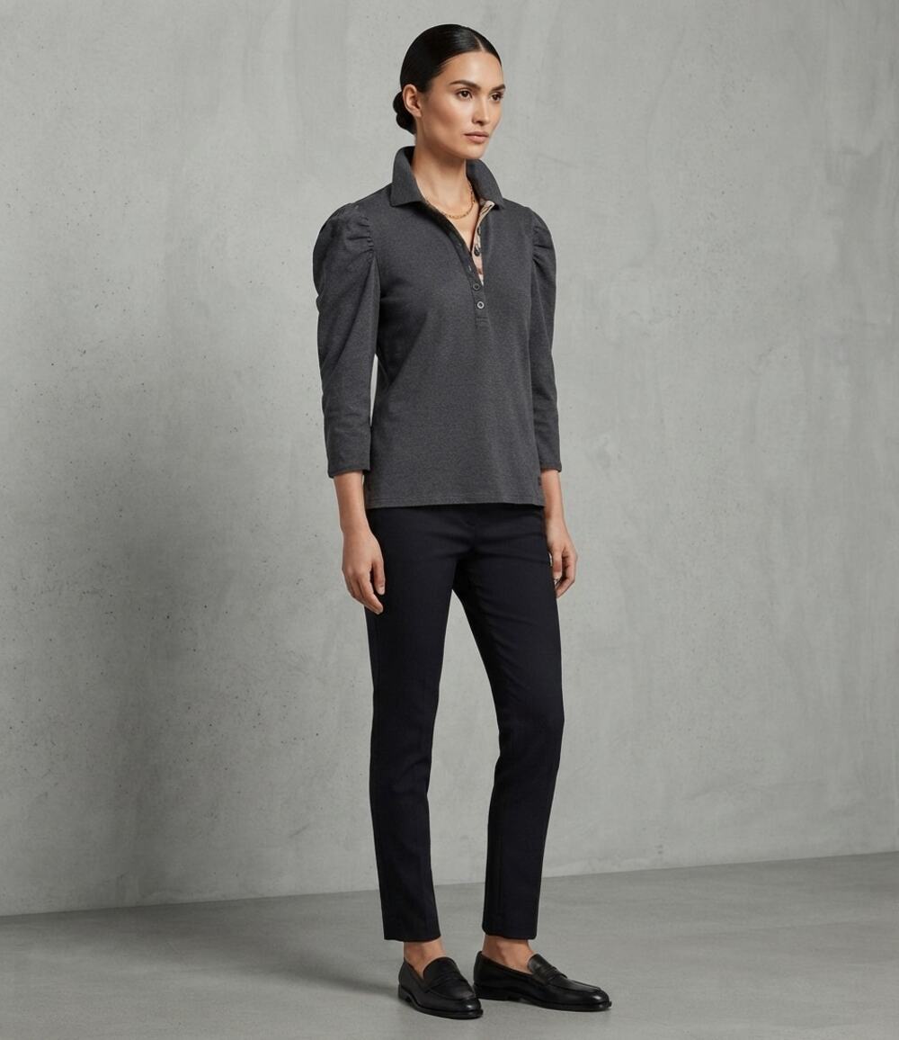 Burberry Dark Grey Cotton Blend Puff Shoulder Polo Shirt Size M